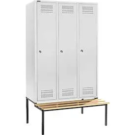 Schäfer Shop Genius Kleiderspind mit Sitzbank, 3 Abteile, 400 mm Abteilbreite, Zylinderschloss, lichtgrau/lichtgrau