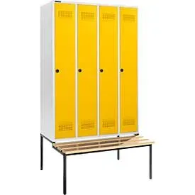 Schäfer Shop Genius Kleiderspind mit Sitzbank, 4 Abteile, 300 mm Abteilbreite, Sicherheitsdrehriegelverschluss, lichtgrau/gelb