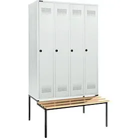 Schäfer Shop Genius Kleiderspind mit Sitzbank, 4 Abteile, 300 mm Abteilbreite, Sicherheitsdrehriegelverschluss, lichtgrau/lichtgrau