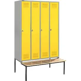 Schäfer Shop Genius Kleiderspind mit Sitzbank, 4 Abteile, Sicherheitsdrehriegelverschluss, weissaluminium/gelb