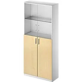 Schäfer Shop Genius Kombischrank TETRIS SOLID, 6 OH, Glas- und Flügeltüren, B 1000 mm, abschliessbar, Glas/Ahorn-Dekor/weissalu