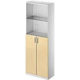 Schäfer Shop Genius Kombischrank TETRIS SOLID, 6 OH, Glas- und Flügeltüren, B 800 mm, abschliessbar, Glas/Ahorn-Dekor/weissalu