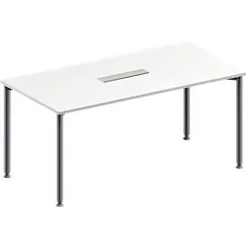 Schäfer Shop Genius Konferenztisch, 6-fach Tischanschlussfeld, Rechteck, 4-Fuss Rundrohr, B 1600 x T 800 x H 720-840 mm, weiss/weissaluminium RAL 9006
