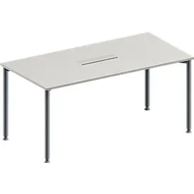 Schäfer Shop Genius Konferenztisch, 6-fach Anschluss, Rechteck, 4-Fuss Rundrohr, B 1600 x T 800 x H 720-840 mm, lichtgrau/weissalu