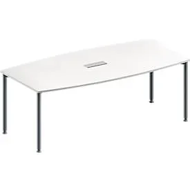Schäfer Shop Genius Konferenztisch MODENA FLEX, 3-fach Tischanschlussfeld, Boot, 4-Fuss Rundrohr, B 2000 x H 720-840 mm, weiss/weissaluminium RAL 9006