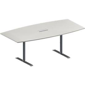 Schäfer Shop Genius Konferenztisch MODENA FLEX, 3-fach Anschluss, Boot, T-Fuss Rundrohr, B 2000 x H 650-850 mm, lichtgrau/weissalu