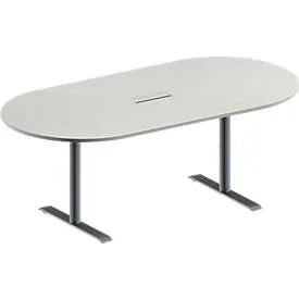 Schäfer Shop Genius Konferenztisch MODENA FLEX, 3-fach Anschluss, Oval, T-Fuss Rundrohr, B 2000 x T 1000 x H 650-850 mm, lichtgrau/weissalu