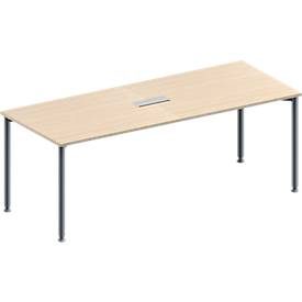 Schäfer Shop Genius Konferenztisch MODENA FLEX, 3-fach Anschluss, Rechteck, 4-Fuss Rundrohr, B 2000 x T 800 x H 720-840 mm, Ahorn/weissalu