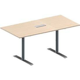 Schäfer Shop Genius Konferenztisch MODENA FLEX, 3-fach Anschluss, Rechteck, T-Fuss Rundrohr, B 1600 x T 800 x H 650-850 mm, Ahorn/weissalu
