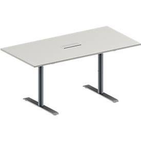 Schäfer Shop Genius Konferenztisch MODENA FLEX, 3-fach Anschluss, Rechteck, T-Fuss Rundrohr, B 1600 x T 800 x H 650-850 mm, lichtgrau/weissalu