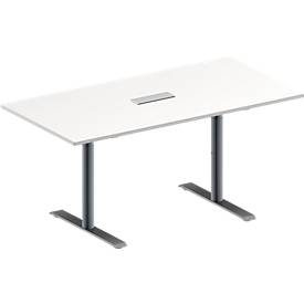 Schäfer Shop Genius Konferenztisch MODENA FLEX, 3-fach Anschluss, Rechteck, T-Fuss Rundrohr, B 1600 x T 800 x H 650-850 mm, weiss/weissalu