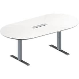 Schäfer Shop Genius Konferenztisch MODENA FLEX, 6-fach Anschluss, Oval, T-Fuss Rechteckrohr, B 2000 x T 1000 x H 650-850 mm, weiss/weissalu