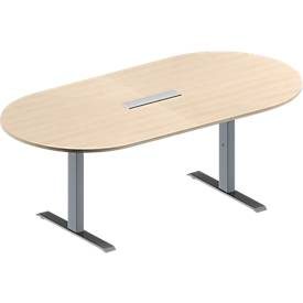 Schäfer Shop Genius Konferenztisch MODENA FLEX, 6-fach Anschluss, Oval, T-Fuss Rechteckrohr, B 2000 x T 1000 x H 650-850 mm, Ahorn/weissalu