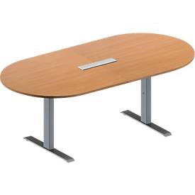 Schäfer Shop Genius Konferenztisch MODENA FLEX, 6-fach Anschluss, Oval, T-Fuss Rechteckrohr, B 2000 x T 1000 x H 650-850 mm, Buche/weissalu