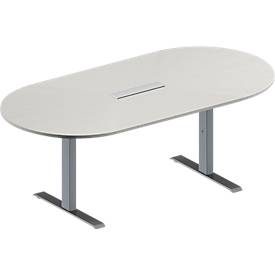 Schäfer Shop Genius Konferenztisch MODENA FLEX, 6-fach Anschluss, Oval, T-Fuss Rechteckrohr, B 2000 x T 1000 x H 650-850 mm, lichtgrau/weissalu