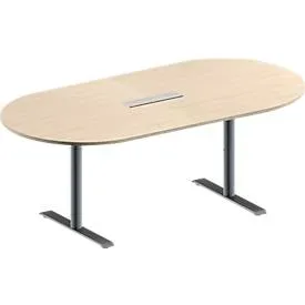 Schäfer Shop Genius Konferenztisch MODENA FLEX, 6-fach Anschluss, Oval, T-Fuss Rundrohr, B 2000 x T 1000 x H 650-850 mm, Ahorn/weissalu