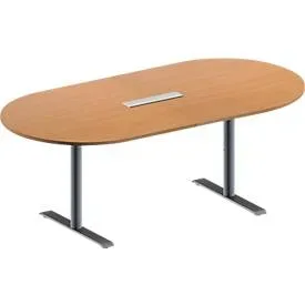 Schäfer Shop Genius Konferenztisch MODENA FLEX, 6-fach Anschluss, Oval, T-Fuss Rundrohr, B 2000 x T 1000 x H 650-850 mm, Buche/weissalu