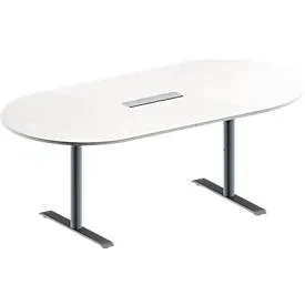 Schäfer Shop Genius Konferenztisch MODENA FLEX, 6-fach Anschluss, Oval, T-Fuss Rundrohr, B 2000 x T 1000 x H 650-850 mm, weiss/weissalu