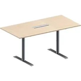 Schäfer Shop Genius Konferenztisch MODENA FLEX, 6-fach Anschluss, Rechteck, T-Fuss Rundrohr, B 1600 x T 800 x H 650-850 mm, Ahorn/weissalu