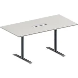 Schäfer Shop Genius Konferenztisch MODENA FLEX, 6-fach Anschluss, Rechteck, T-Fuss Rundrohr, B 1600 x T 800 x H 650-850 mm, lichtgrau/weissalu