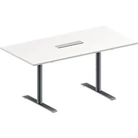 Schäfer Shop Genius Konferenztisch MODENA FLEX, 6-fach Anschluss, Rechteck, T-Fuss Rundrohr, B 1600 x T 800 x H 650-850 mm, weiss/weissalu