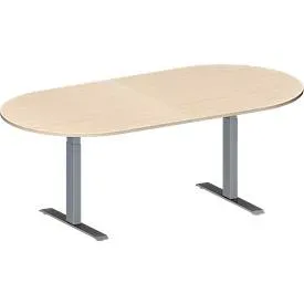 Schäfer Shop Genius Konferenztisch MODENA FLEX, Oval, T-Fuss Rechteckrohr, B 2000 x T 1000 x H 650-850 mm, Ahorn/weissaluminium RAL 9006