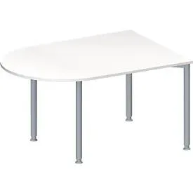 Schäfer Shop Genius Konferenztisch MODENA FLEX, Halbkreis, 4-Fuss Rundrohr, B 1400 x T 1000 x H 720-840 mm, weiss/weissaluminium RAL 9006