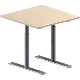 Schäfer Shop Genius Konferenztisch MODENA FLEX, Quadrat, T-Fuss Rundrohr, B 800 x T 800 x H 650-850 mm, Ahorn/weissaluminium RAL 9006