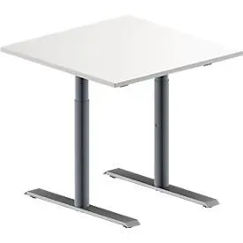 Schäfer Shop Genius Konferenztisch MODENA FLEX, Quadrat, T-Fuss Rundrohr, B 800 x T 800 x H 650-850 mm, weiss/weissaluminium RAL 9006