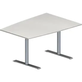 Schäfer Shop Genius Konferenztisch MODENA FLEX, Tonne, T-Fuss Rundrohr, B 1400 x T 1000 x H 650-850 mm, lichtgrau/weissaluminium RAL 9006