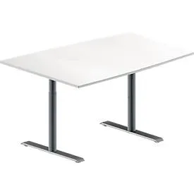Schäfer Shop Genius Konferenztisch MODENA FLEX, Tonne, T-Fuss Rundrohr, B 1400 x T 1000 x H 650-850 mm, weiss/weissaluminium RAL 9006