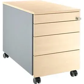 Schäfer Shop Genius Rollcontainer 1233, 4 Schübe, Zentralverschluss, seitliche Griffnut, B 435 x T 765 x H 577 mm, weissalu/weissalu/Ahorn-Dekor