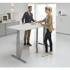 Schäfer Shop Select Besprechungstisch ERGO-T, mit Anschluss, elektrisch höhenverstellbar, Boot, T-Fuss, B 2000 x H 640-1300 mm, lichtgrau/weissalu
