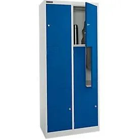 Schäfer Shop Select Kleiderspind, 4 Abteile mit Hutboden & Kleiderstange sowie 4 Fächer, Z-Türen, Zylinderschloss, mit Sockel, B 800 x T 450 x H 1850 mm, Stahl pulverbeschichtet, lichtgrau/enzianblau