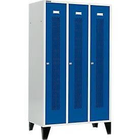 Schäfer Shop Select Kleiderspind, mit gelochten Streifen, 3 Abteile, 400mm, mit Füssen, Zylinderschloss, Tür enzianblau