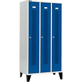 Schäfer Shop Select Kleiderspind, mit gelochten Streifen, 3 Abteile, 300 mm, mit Füssen, Zylinderschloss, Tür enzianblau