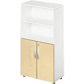 Schäfer Shop Select Kombischrank LOGIN, oben 2 Regale, unten 2 Ordnerhöhen mit Türen, B 800 x T 420 x H 1470 mm, weiss/Ahorn Dekor