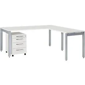 Schäfer Shop Select Komplettset LOGIN, 4-Fuss Schreibtisch 1800 mm, 4-Fuss Anbautisch, Rollcontainer, lichtgrau