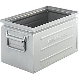 Schäfer Shop Select Stapelbox, Volumen 13,4 l, 80 kg, Faltgriffe, L 379 x B 207  x H 200 mm, Stahlblech, galvanisch verzinkt