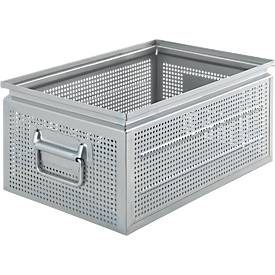 Schäfer Shop Select Stapelbox, gelocht, mit Fallgriffen, 26,5 l, 150 kg, L 449 x B 308 x H 201 mm, Stahlblech, galvanisch verzinkt
