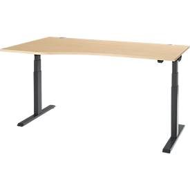 Schäfer Shop Select Schreibtisch ERGO-T 2.0, elektrisch höhenverstellbar, Freiform Ansatz links, T-Fuss, B 1800x H 640-1300 mm, Ahorn/anthrazit
