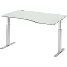 Schäfer Shop Select Schreibtisch ERGO-T, elektrisch höhenverstellbar, Freiform, Ansatz rechts, T-Fuss, B 1800 x H 725-1185 mm, lichtgrau/weissalu