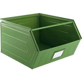 Schäfer Shop Select Sichtlagerkasten, mit Tragestab, L 550 x B 458 x H 300 mm, 60 l, 130 kg, Stahl, RAL 6011 (resadagrün)