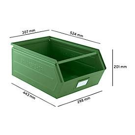 Schäfer Shop Select Sichtlagerkasten, mit Tragestab, L 524 x B 307 x H 201 mm, 26 l, 120 kg, Stahl, RAL 6011 (resadagrün)