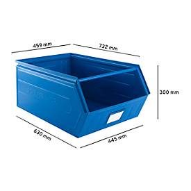 Schäfer Shop Select Sichtlagerkasten, mit Tragestab, L 732 x B 459 x H 300 mm, 84 l, 180 kg, Stahl, RAL 5015 (himmelblau)