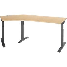 Schäfer Shop Select Winkelschreibtisch ERGO-T 2.0, 135° Winkel, Ansatz links, T-Fuss, B 2165 x T 800 x H 675-895 mm, Ahorn/anthrazit