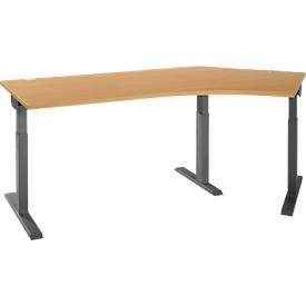 Schäfer Shop Select Winkelschreibtisch ERGO-T 2.0, 135° Winkel, Ansatz rechts, T-Fuss, B 2165 x T 800 x H 675-895 mm, Buche/anthrazit