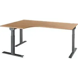 Schäfer Shop Select Winkelschreibtisch ERGO-T 2.0, 90° Winkel, Ansatz links, T-Fuss, B 2000 x T 1200/800 x H 675-895 mm, Ahorn/anthrazit