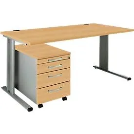 Schäfer Shop Pure 2-tlg. Büromöbel-Set PLANOVA BASIC, Schreibtisch, B 1600 mm, Buche/weissalu, mit Kabelkanal + Rollcontainer 1233