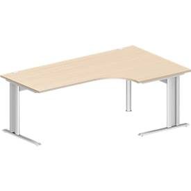 Schäfer Shop Pure Winkelschreibtisch PLANOVA BASIC, 90° Winkel rechts, C-Fuss, B 2000 x T 1200/800 x H 717 mm, Ahorn/weiss + Kabelkanal